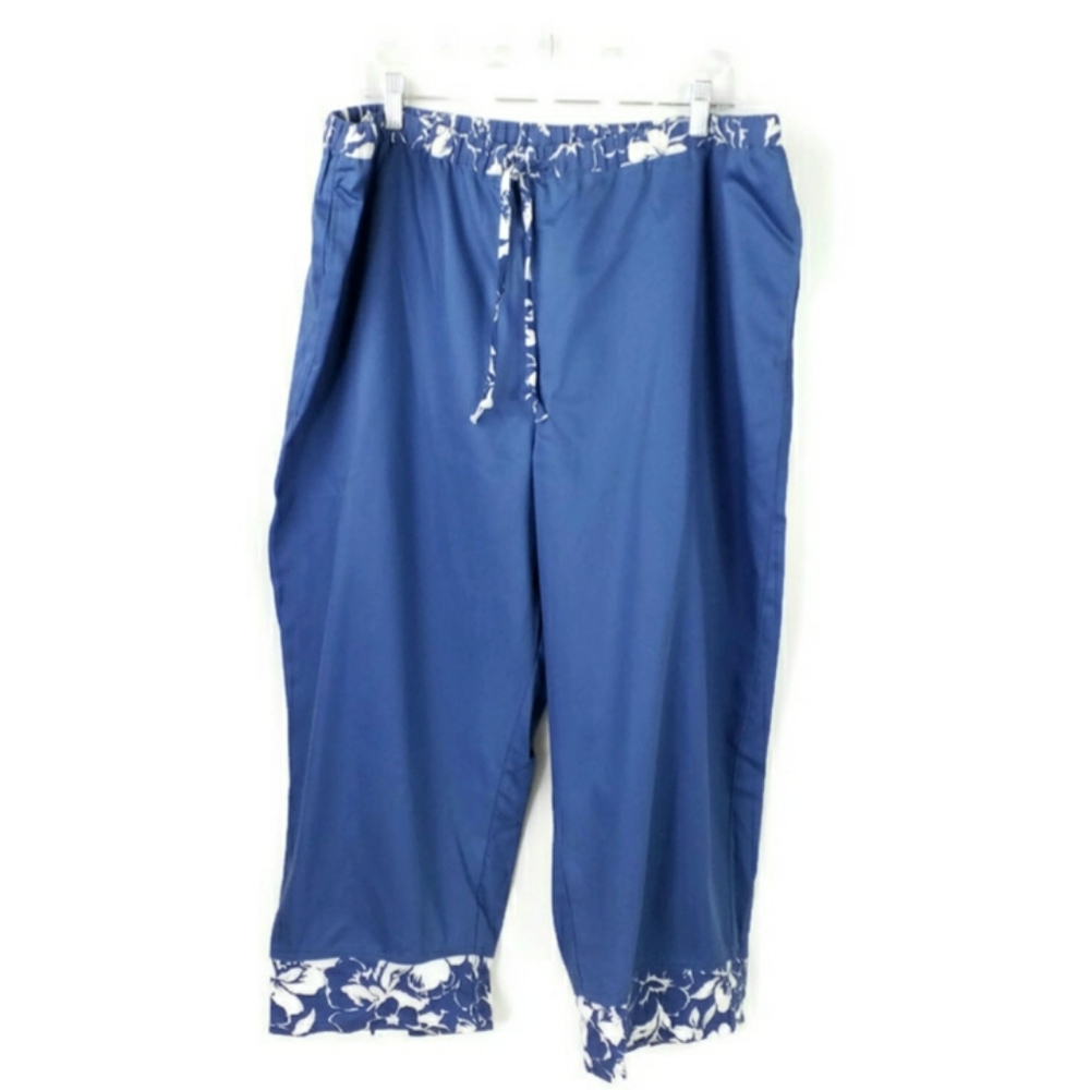 Orvis Blue White Floral Trimmed Cropped Drawstring Capri Pants Womens Size 20